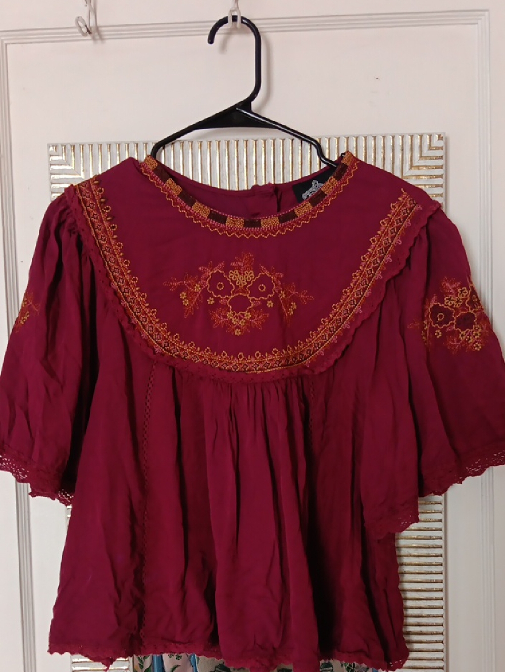 Angie Wine Red Embroidered Peasant Blouse